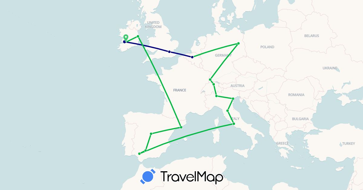 TravelMap itinerary: driving, bus in Belgium, Switzerland, Germany, Spain, United Kingdom, Ireland, Italy (Europe)